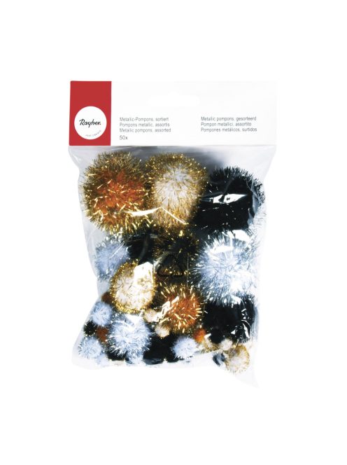 Metallic-pomponok, fekete-fehér, vegyes, 50 db