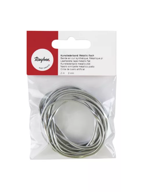 Műbőr szalag metallic lapos, ezüst, 3mm, 2m