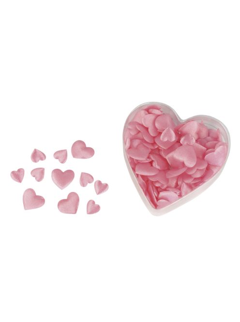 Szatén texilmatrica: szív, kitömve, rózsaszín,2 méret, 13+20 mm, szív-PVC-doboz 100 db