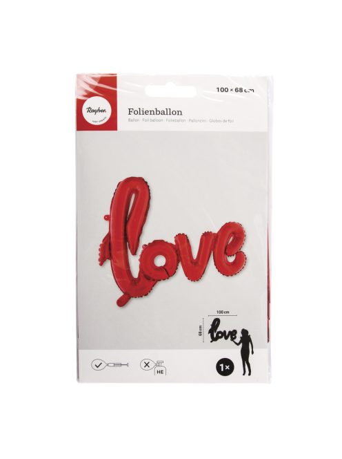 Fóliás luftballon, felirat love, klasszikus piros, 100x68cm, 1 db