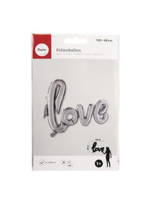 Fóliás luftballon, felirat love, ezüst, 100x68cm, 1 db