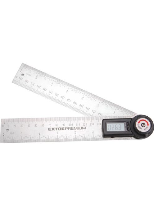 digitális szögmérő-vonalzó, szög- és hosszmérésre, 0-360°, pontosság: ą0,3°, 2×200 mm, Alu szár mm és coll beosztással