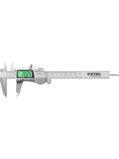 digitális tolómérő; 0,01×150mm, kijelző háttérvilágítással, mélységmérővel, rozsdamentes acél, pontosság ą0,02/0,03 mm