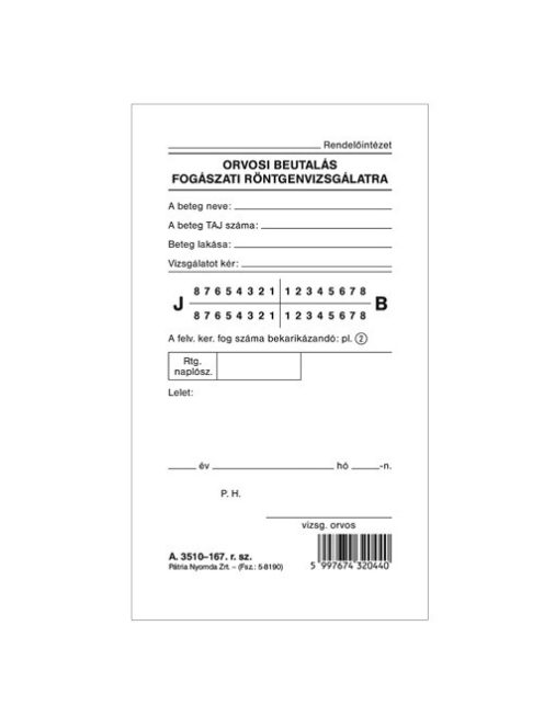 Pátria Nyomtatvány Fogászati beutaló szabadlap 85x148 mm