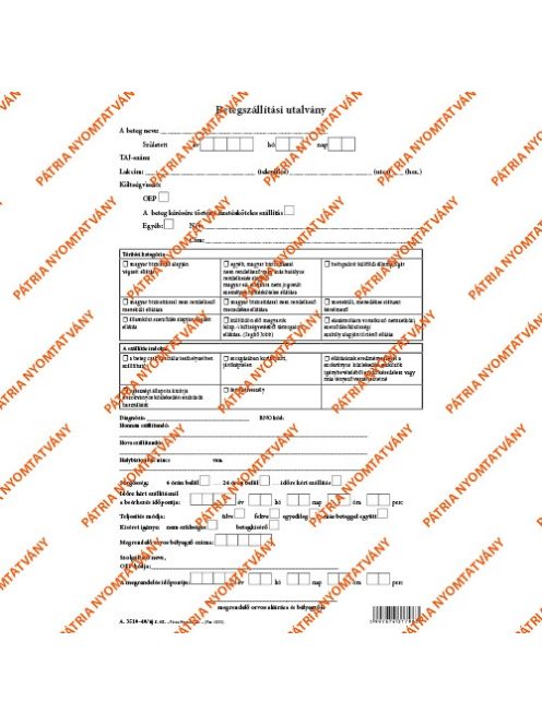 Pátria Nyomtatvány Betegszállítási utalvány szabadlap A/4 álló