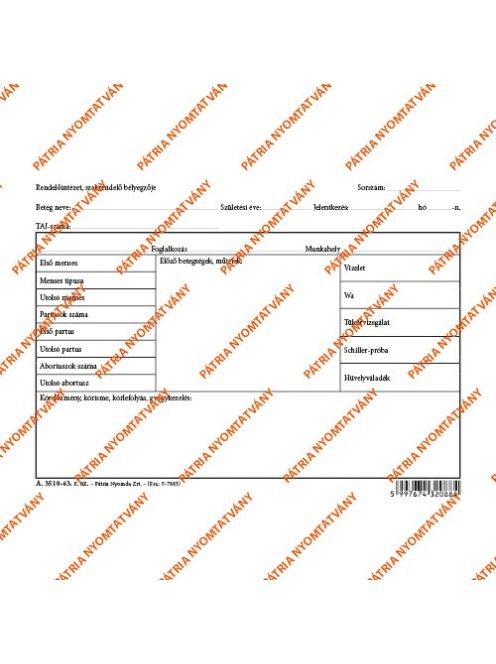 Pátria Nyomtatvány Nőgyógyászati karton szabadlap A/5 fekvő