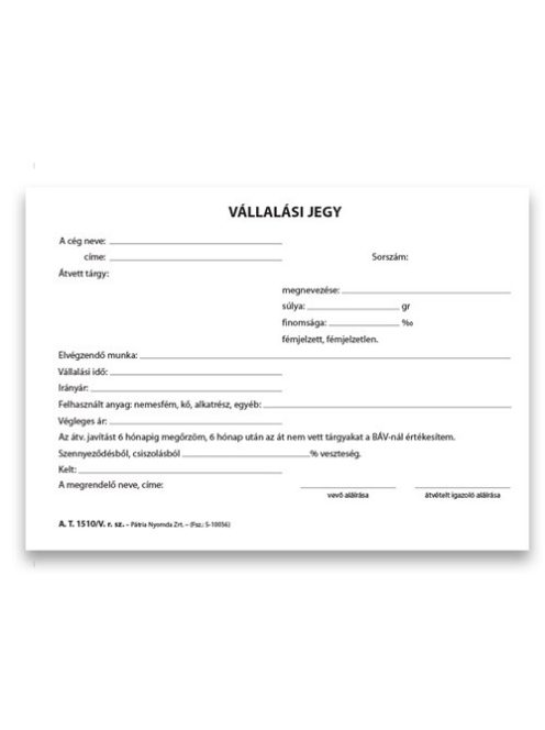 Pátria Nyomtatvány Ötvös vállalási jegy 50x2 lapos tömb 203x140 mm