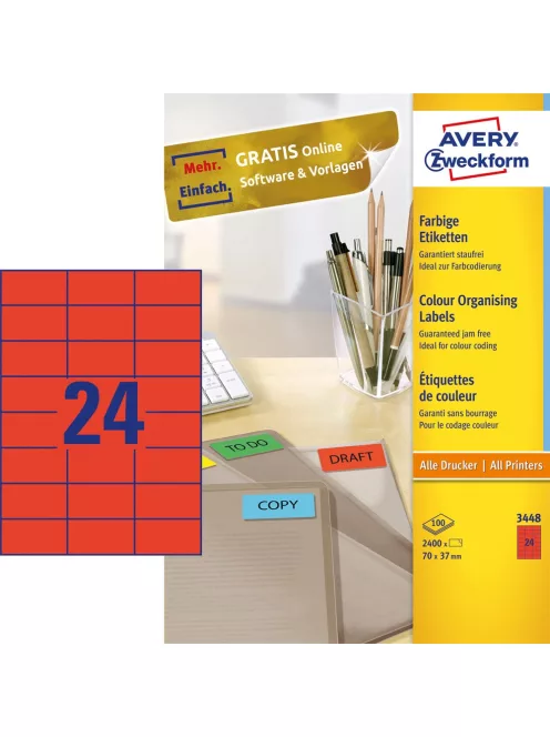 Etikett címke, 70 x37mm, univerzális, 24 címke/ív, 100 ív/doboz, Avery piros