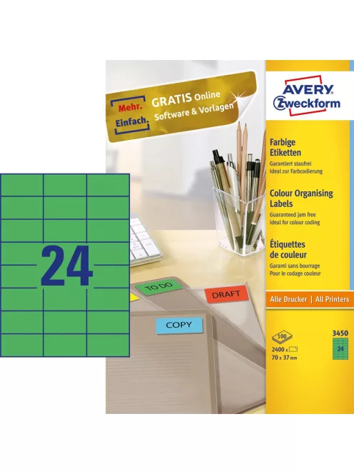 Etikett címke, 70 x37mm, univerzális, 24 címke/ív, 100 ív/doboz, Avery zöld