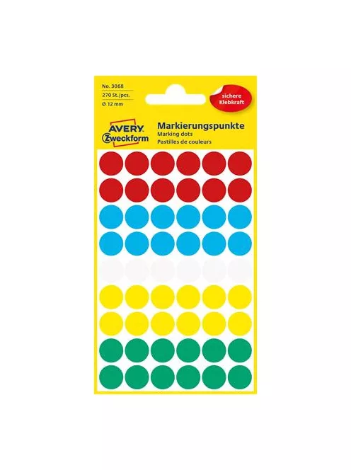 AVERY ZWECKFORM Etikett, 12 mm, kör, AVERY ZWECKFORM, 5 különböző szín, 270 etikett/csomag