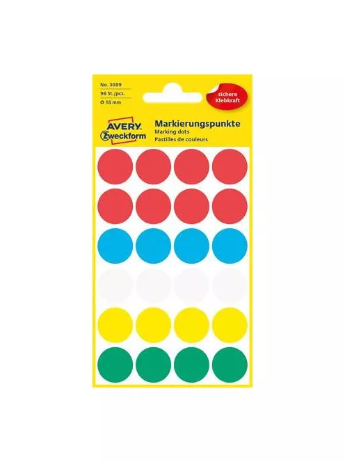 AVERY ZWECKFORM Etikett, 18 mm, kör, AVERY ZWECKFORM, 5 különböző szín, 96 etikett/csomag