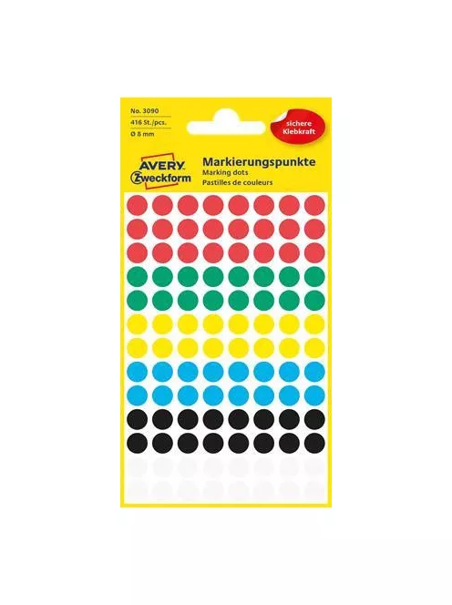 AVERY ZWECKFORM Etikett, 8 mm, kör, AVERY ZWECKFORM, 5 különböző szín, 416 etikett/csomag