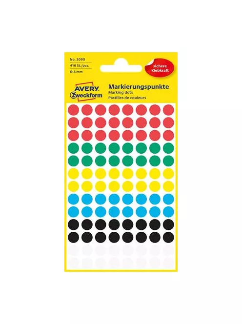 AVERY ZWECKFORM Etikett, 8 mm, kör, AVERY ZWECKFORM, 5 különböző szín, 416 etikett/csomag