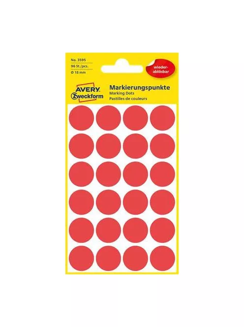 AVERY ZWECKFORM Etikett, 18 mm, kör, eltávolítható, AVERY ZWECKFORM, piros, 96 etikett/csomag