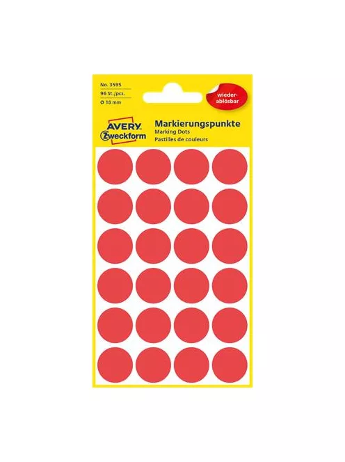 AVERY ZWECKFORM Etikett, 18 mm, kör, eltávolítható, AVERY ZWECKFORM, piros, 96 etikett/csomag