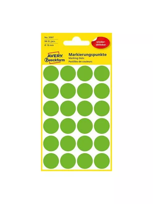 AVERY ZWECKFORM Etikett, 18 mm, kör, eltávolítható, AVERY ZWECKFORM, fűzöld, 96 etikett/csomag