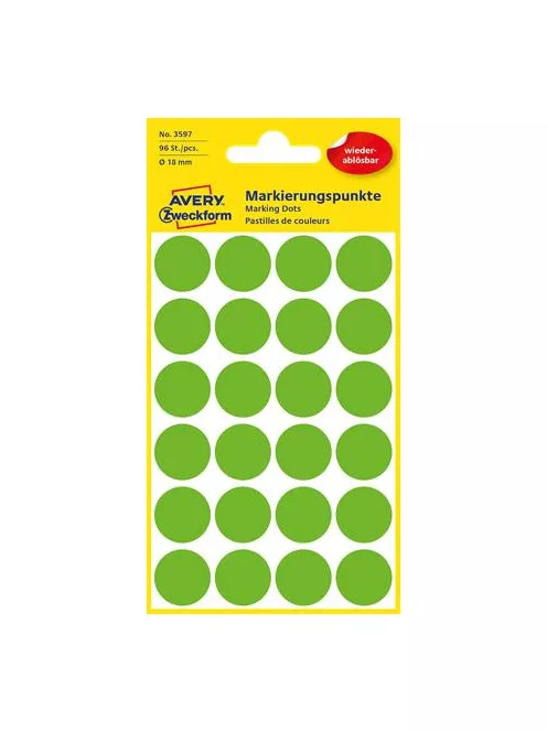AVERY ZWECKFORM Etikett, 18 mm, kör, eltávolítható, AVERY ZWECKFORM, fűzöld, 96 etikett/csomag