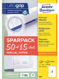   AVERY ZWECKFORM Etikett, univerzális, 210x297 mm, AVERY ZWECKFORM, "Sparpack", 65 etikett/csomag