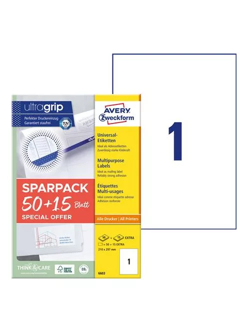 AVERY ZWECKFORM Etikett, univerzális, 210x297 mm, AVERY ZWECKFORM, "Sparpack", 65 etikett/csomag