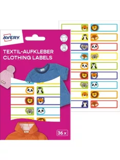   AVERY ZWECKFORM Ruhacímke, műanyag, iskolai, 45x13 mm, kézzel írható, AVERY ZWECKFORM, állatos, 36 címke/csomag