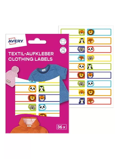 AVERY ZWECKFORM Ruhacímke, műanyag, iskolai, 45x13 mm, kézzel írható, AVERY ZWECKFORM, állatos, 36 címke/csomag