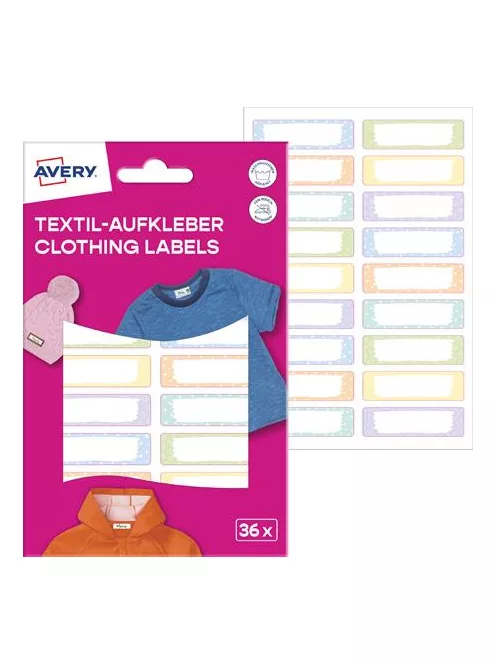 AVERY ZWECKFORM Ruhacímke, műanyag, iskolai, 45x13 mm, kézzel írható, AVERY ZWECKFORM, pasztell, 36 címke/csomag