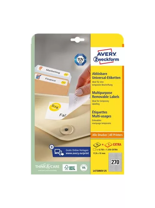 AVERY ZWECKFORM Etikett, univerzális, eltávolítható, 17,8x10 mm, AVERY ZWECKFORM, 8100 etikett/csomag