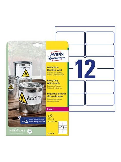 AVERY ZWECKFORM Etikett, 99,1x42,3 mm, poliészter, időjárásálló, AVERY ZWECKFORM, fehér, 240 etikett/csomag