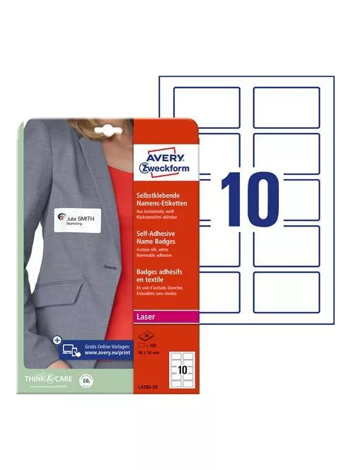 AVERY ZWECKFORM Etikett, eltávolítható, kerekített sarkú, 80x50 mm, textilhez, AVERY ZWECKFORM, 200 etikett/csomag