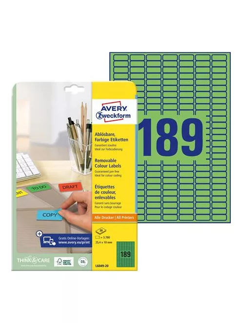 AVERY ZWECKFORM Etikett, univerzális, 25,4x10 mm, eltávolítható, kerekített sarkú, AVERY ZWECKFORM, 3780 etikett/csomag, zöld