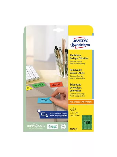 AVERY ZWECKFORM Etikett, univerzális, 25,4x10 mm, eltávolítható, kerekített sarkú, AVERY ZWECKFORM, 3780 etikett/csomag, zöld