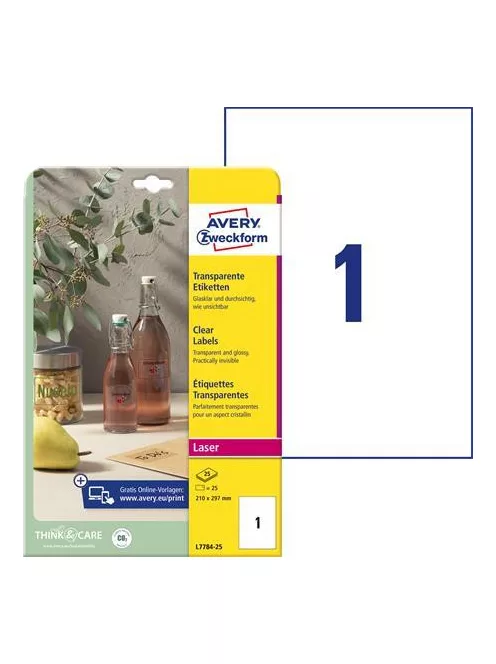 AVERY ZWECKFORM Etikett, 210x297 mm, poliészter, AVERY ZWECKFORM, átlátszó, 25 etikett/csomag