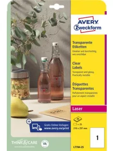   AVERY ZWECKFORM Etikett, 210x297 mm, poliészter, AVERY ZWECKFORM, átlátszó, 25 etikett/csomag