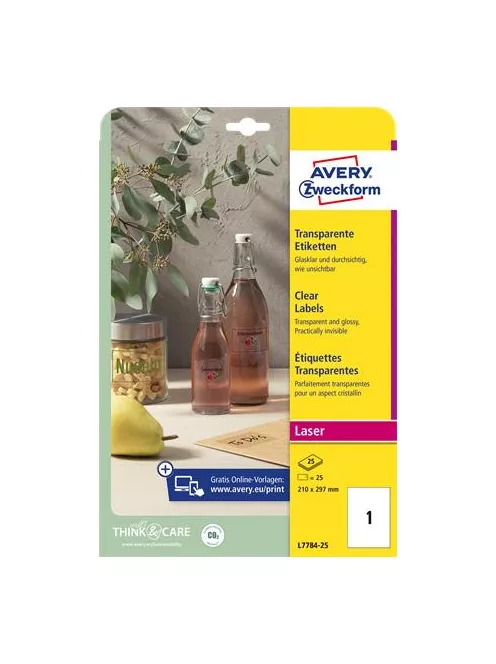 AVERY ZWECKFORM Etikett, 210x297 mm, poliészter, AVERY ZWECKFORM, átlátszó, 25 etikett/csomag