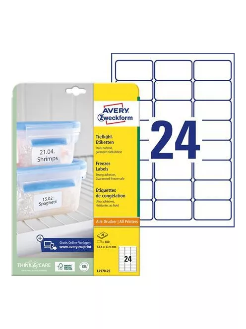 AVERY ZWECKFORM Etikett, 63,5x33,9 mm, fagyasztható, AVERY ZWECKFORM, 600 etikett/csomag
