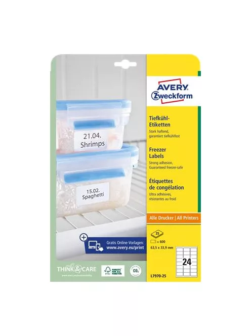 AVERY ZWECKFORM Etikett, 63,5x33,9 mm, fagyasztható, AVERY ZWECKFORM, 600 etikett/csomag