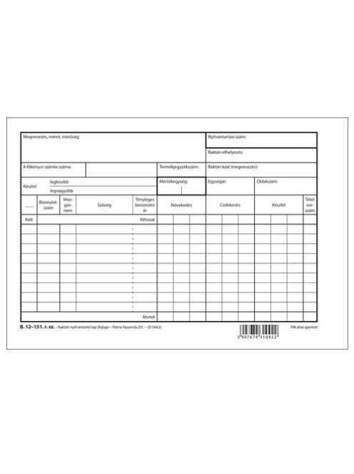 Pátria Nyomtatvány Raktári nyilvántartó lap (fejlap) kicsi A/5 fekvő