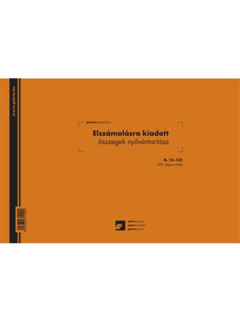 Pátria Nyomtatvány Elszámolásra kiadott összegek nyilvántartása 100 lapos tömb A/4 fekvő