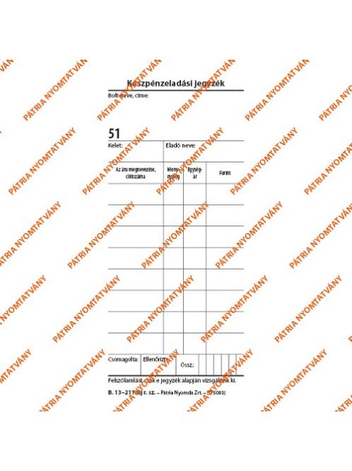 Pátria Nyomtatvány Készpénzeladási jegyzék 50x2 lapos tömb 70x140 mm