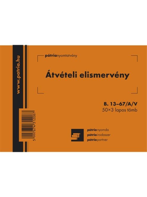 Pátria Nyomtatvány Átvételi elismervény 50x3 lapos tömb A/6 fekvő