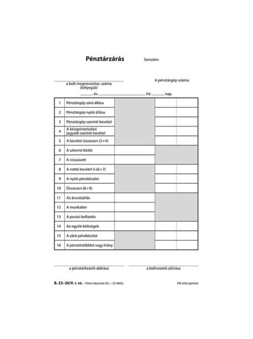 Pátria Nyomtatvány Pénztárzárás 25x2+2 lapos tömb A/5 álló
