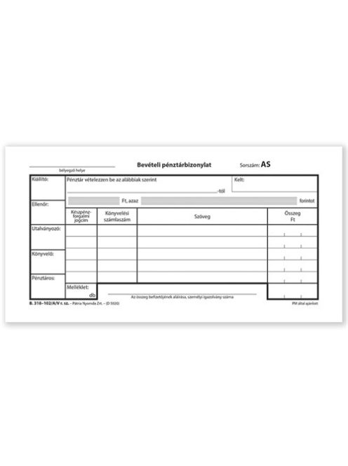 Pátria Nyomtatvány Bevételi pénztárbizonylat 25x3 lapos tömb 203x102 mm
