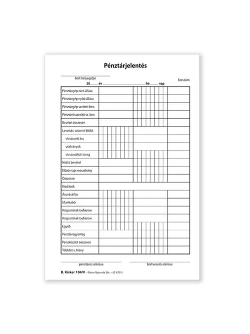 Pátria Nyomtatvány Pénztárjelentés 25x2+2 lapos tömb A/5 álló