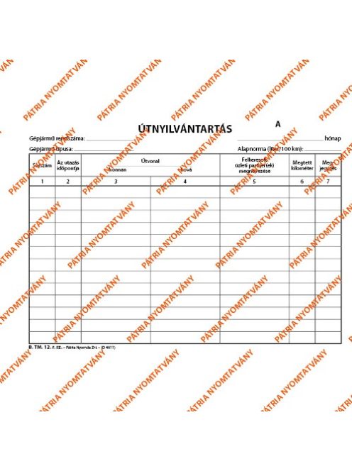 Pátria Nyomtatvány Útnyilvántartó 50 lapos tömb A/5 fekvő