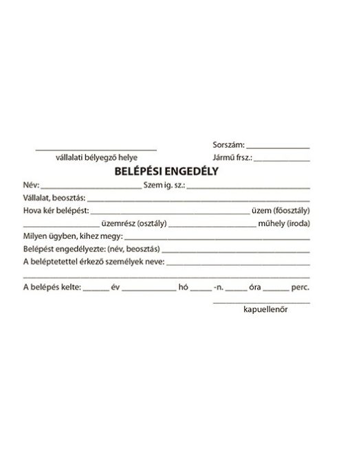 Pátria Nyomtatvány Belépési engedély 50x2 lapos tömb 250x350 mm vegykezelt