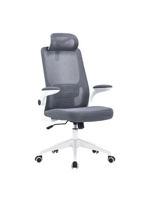 Irodai forgószék, szürke hálós háttámla, szürke szövetborítás, fehér műanyag váz és lábkererszt, "Mulberry"