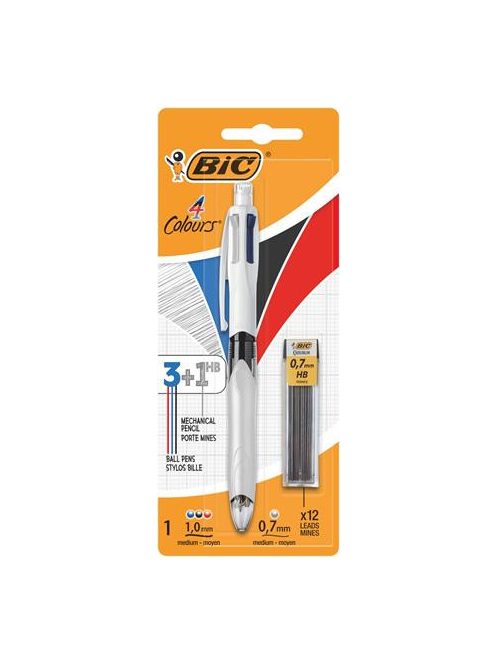 BIC Golyóstoll, háromszínű, nyomósirónnal egyben, BIC "4 Colours" + grafitbél