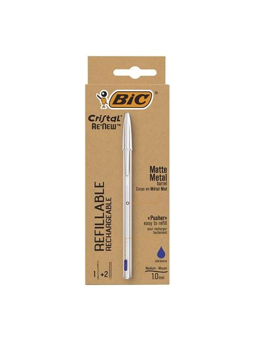 BIC Golyóstoll 0,32 mm, kupakos, matt ezüst színű tolltest, BIC "Cristal Re'New", kék + betét