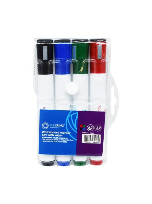 Táblamarker készlet, 3mm, mágneses, törlővel multifunkciós kerek Bluering®, 4 klf. szín 
