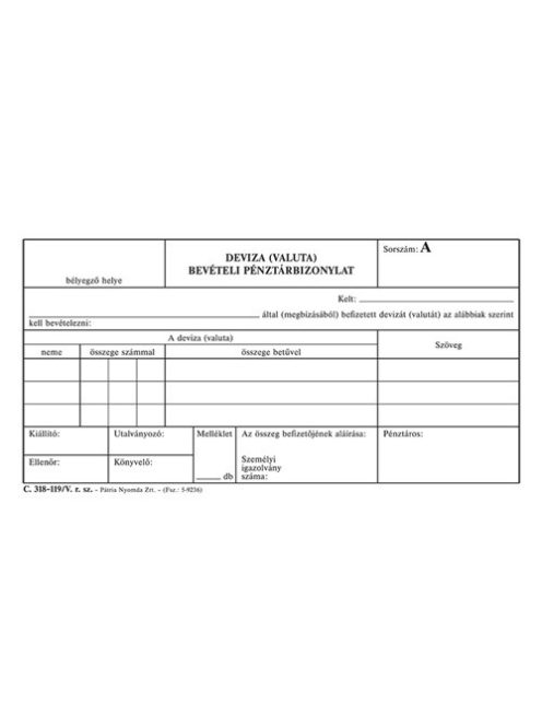 Pátria Nyomtatvány Deviza (valuta) bevételi pénztárbizonylat 50x3 lapos tömb 203x102 mm